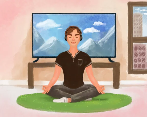 Mann Kerl Während Der Meditation Seiner Wohnung Suite Die Landschaft — Stockfoto