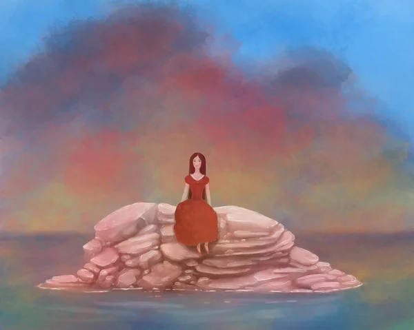 Ilustracja Sztuki Samotna Kobieta Czerwonej Sukience Siedząca Skale Oceanie Lub — Zdjęcie stockowe