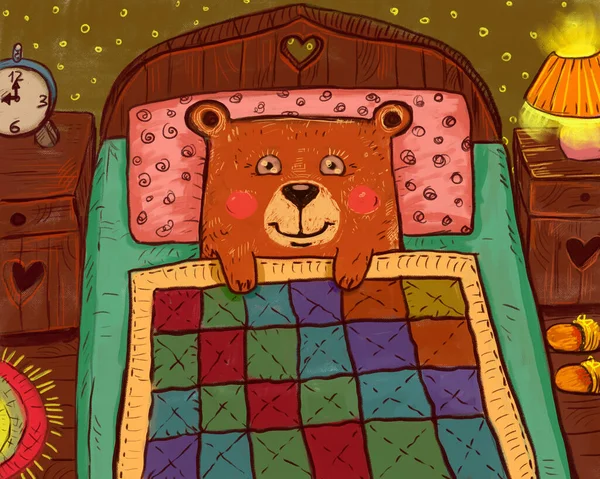 Illustration Eines Niedlichen Lustigen Braunen Cartoon Bären Teddybär Bett Zeit — Stockfoto