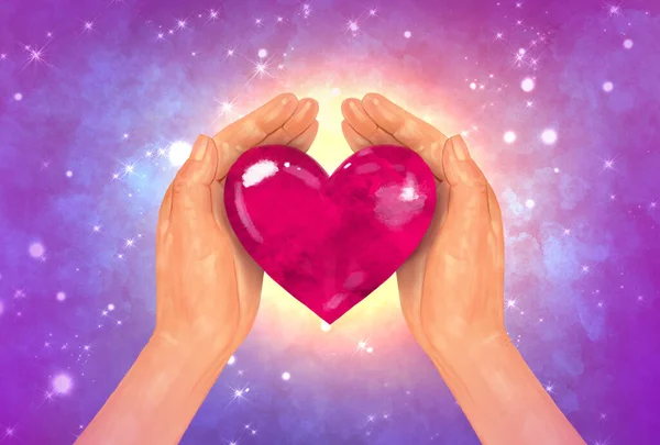 Bright Multicolor Illustration Hands Hug Hold Red Heart Background Starry — Stock Photo, Image