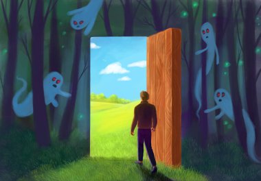 Sürrealizm, analoji. Depresyon iyileşmesi, psikolojik iyileşme. Işık kapısından çıkan bir adam, fobilerin ve psikolojik sorunların sembolü olarak hayaletler.