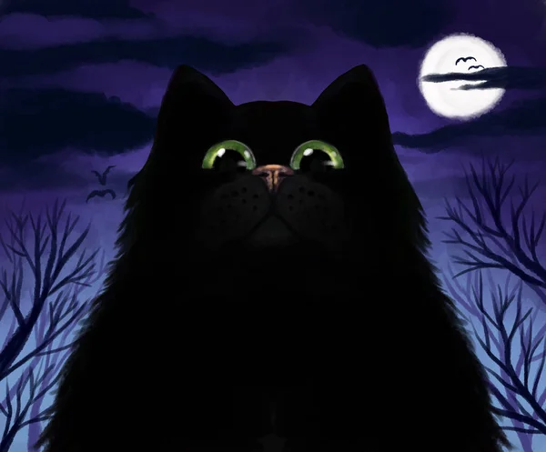 Big black cat against the background of the moon and night sky, old trees. Night mystical illustration. Downward looking cat, gaze.
