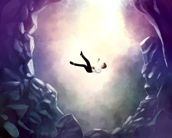 Colored hand-drawn illustration of a man falling into the abyss. A symbol of depression or bankruptcy, failure in life and business.