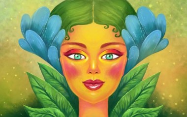 Parlak yapraklı kadın portresi. El yapımı sihirli bir portre, doğanın parlak renkleri ve güzel bir kadının yüzü..