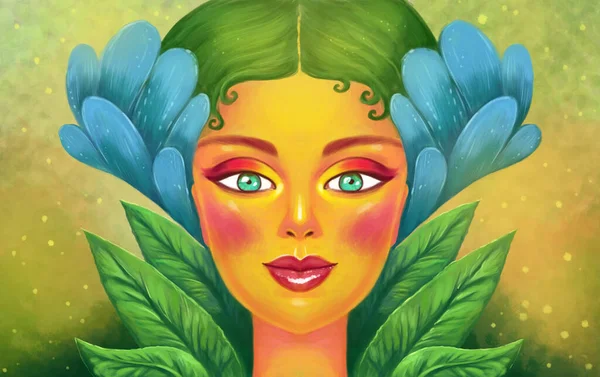 Bright Leafy Woman Portrait Hand Drawn Magic Portrait Bright Colors — Stock Photo, Image