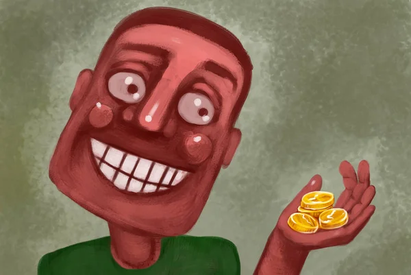 Illustration of a cartoon man with a handful of coins in his hand. Denis in hand. Symbol of earnings, budget savings and salary increases