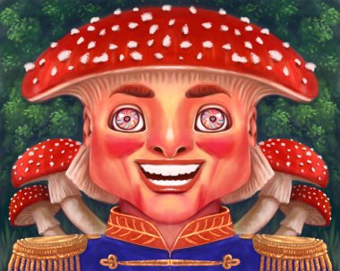 Amanita mantarının fantastik gerçeküstü çizimi, yüzlü ve gülümseyen antropomorfik mantar. Elf ya da cüce. Sinek şapkalı peri masalı karakteri.