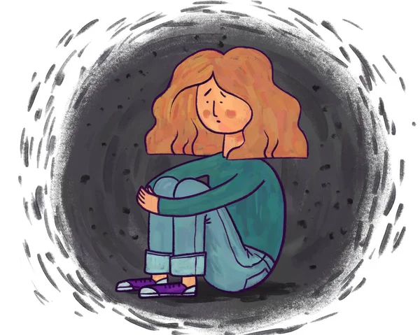 Illustration of a young woman in depression and sadness sitting on the floor and hugging herself. Symbol of bullying, ridicule and suffering