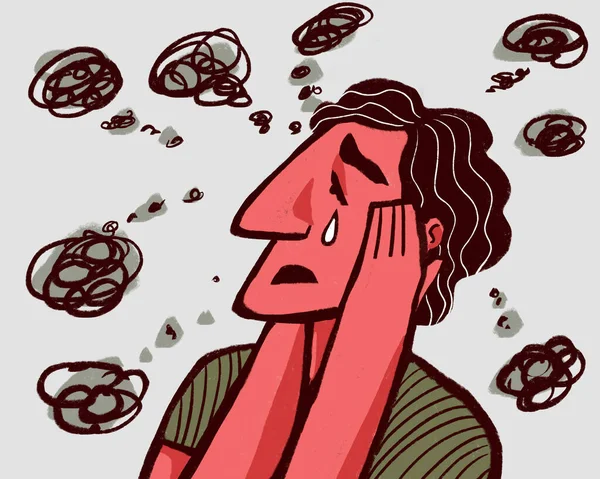 Ilustración Retrato Hombre Llorando Depresión Ansiedad Que Sostiene Cabeza Con —  Fotos de Stock