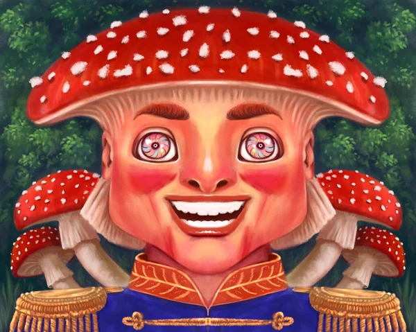 神奇的仙女超现实的阿玛尼塔蘑菇的例证 人形蘑菇与脸和微笑 精灵或侏儒 童话故事人物 头戴阿拉伯式帽子 — 图库照片