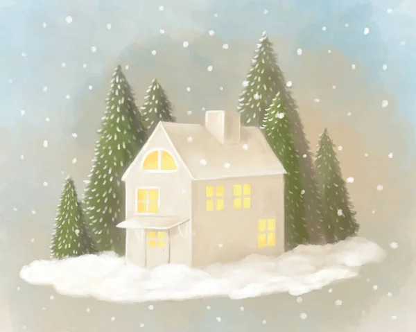Carino Disegnato Luce Paesaggio Natalizio Con Casa Alberi Neve Stile — Foto Stock