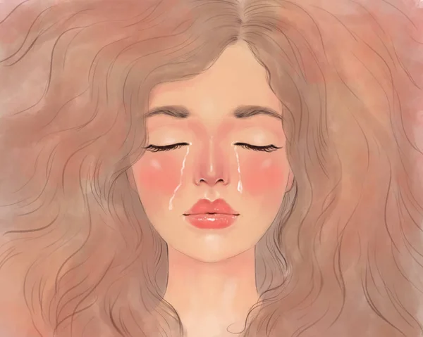 hand-drawn portrait of a beautiful girl with long hair. woman with closed eyes cries and tears flow down her cheeks