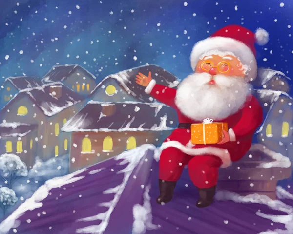 Kerst Multicolor Schattig Getrokken Ansichtkaart Santa Uklaus Zittend Het Dak — Stockfoto