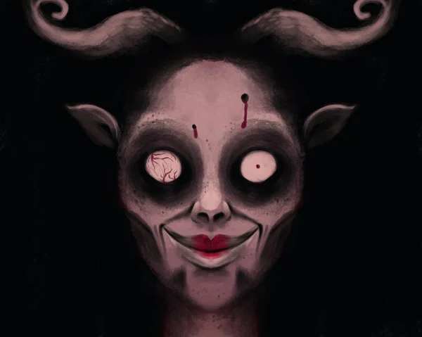 Portier Strasznego Przerażającego Potwora Rogami Bladą Skórą Dziwnymi Oczami Szatan — Zdjęcie stockowe