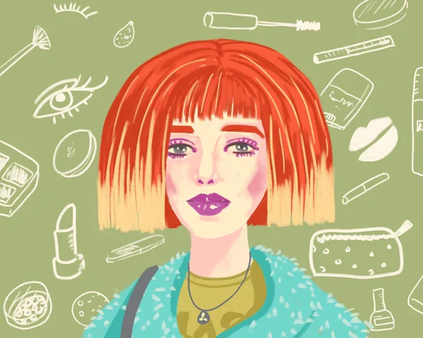 Illustration Une Belle Jeune Femme Aux Cheveux Roux Avec Maquillage — Photo