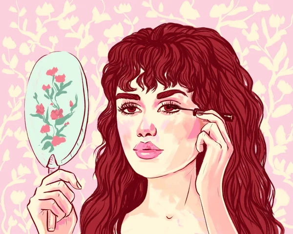 거울을 아름다운 머리의 여성의 모습을 마스카라로 눈썹을 물들이고 있습니다 분홍색 — 스톡 사진
