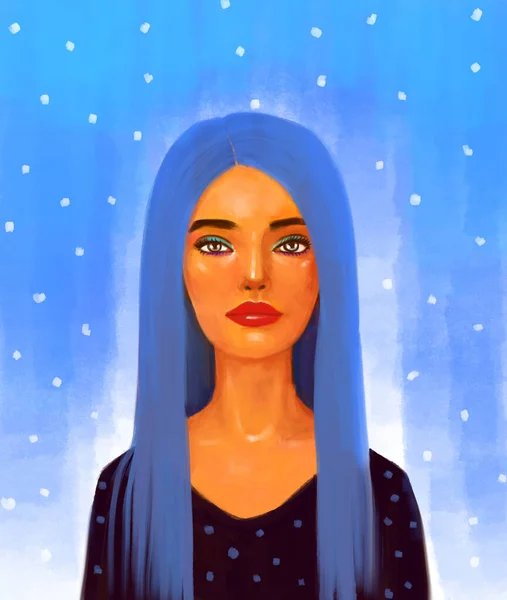 Beautiful Stylish Illustration Modern Woman Blue Hair Blue Polka Dot — Stock Photo, Image