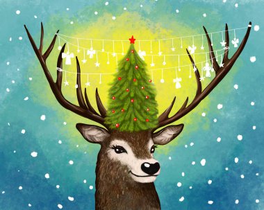 cute bright hand drawn greeting card poster for christmas. funny deer that smiles, on his head is a Christmas tree. Blue background and snowfall