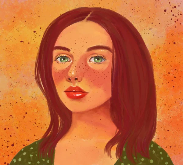 Portret Rudej Pięknej Kobiety Lub Dziewczyny Piegami Twarzy Pomarańczowym Nakrapianym — Zdjęcie stockowe