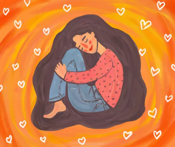 Self-love. Bright hand-drawn illustration of a girl with long hair hugging herself and smiling. Self-acceptance