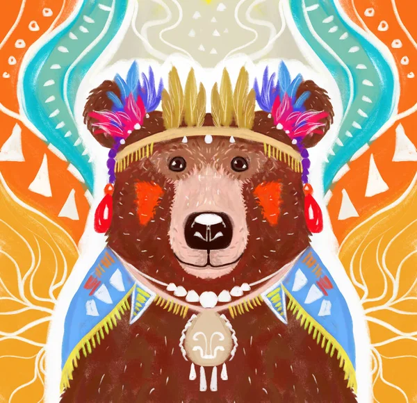 Marrom Bonito Engraçado Urso Indiano Com Penas Sua Cabeça Capa — Fotografia de Stock