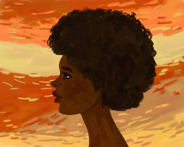 Piękna Czarna Amerykanka Profilu Kręconymi Afro Włosami Jasnopomarańczowym Żółtym Tle — Zdjęcie stockowe
