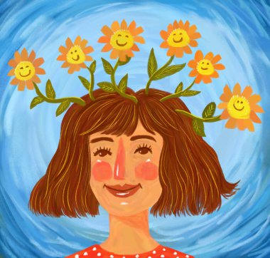 Güzel bir kız ya da kadının güzel düşünceleri ve olumlu düşünceleri teşvik eden bir tasviri. psikolojik sağlık