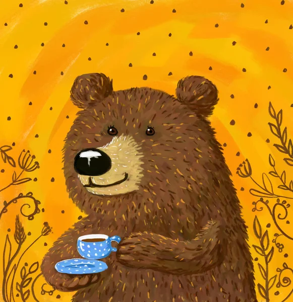 Niedlich Schöne Braune Karikatur Lächelnden Braunen Bären Mit Einem Becher — Stockfoto