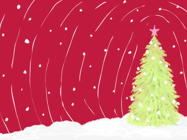 Fond Rouge Noël Avec Sapin Vert Noël Dessiné Main Une — Photo