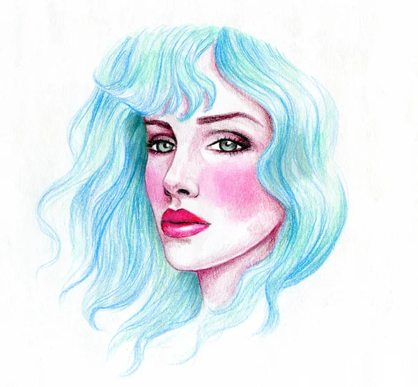 Beyaz Arka Planda Mavi Saçlı Bir Kadın Kızın Zarif Çizimi — Stok fotoğraf