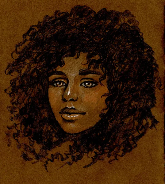 Stylowy Modny Portret Sztuki Czarnej Kobiety Brązowym Tle Ręcznie Rysowana — Zdjęcie stockowe