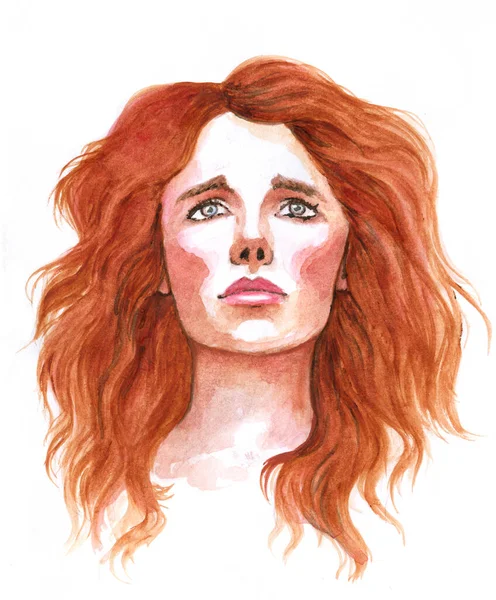 Ręcznie Rysowany Akwarelowy Portret Pięknej Rudowłosej Kobiety Lub Dziewczyny Patrzącej — Zdjęcie stockowe