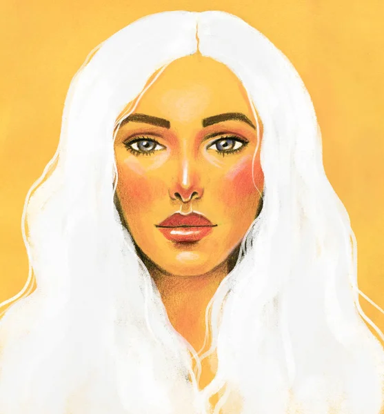 Sarı Arka Planda Beyaz Uzun Saçlı Güzel Bir Kadının Çizimi — Stok fotoğraf