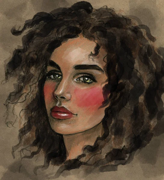 Stylish Art Portrait Dark Haired Curly Woman Dark Hair — Stock Photo, Image