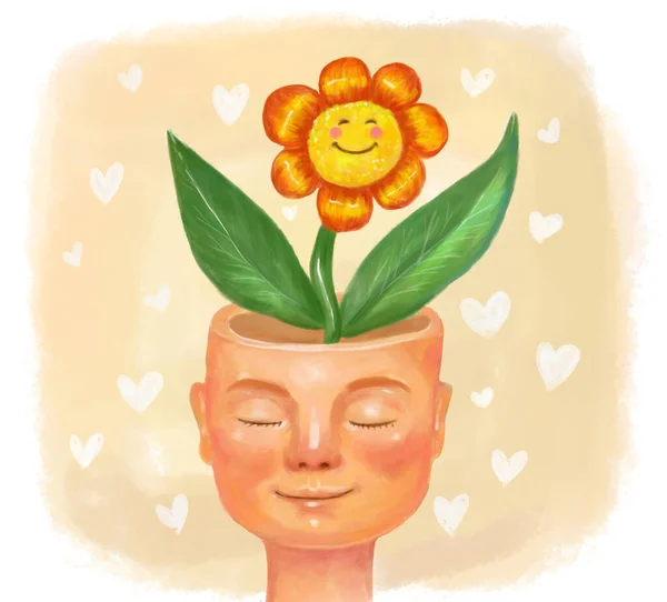 a metaphor for good thoughts and mental health. A cute head from which a positive smiling flower grows