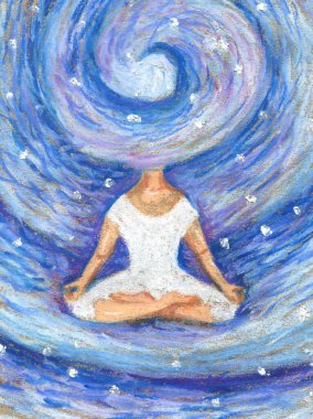 Meditasyon sırasında bir kadın girdap alanının arka planına karşı. Kraft kağıdında yağlı pastel boya ile geleneksel resim