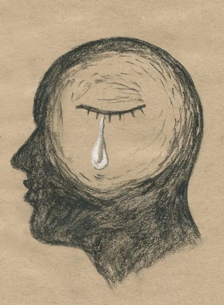 Depression and misery. Abstract black silhouette and crying. Drawing on craft paper