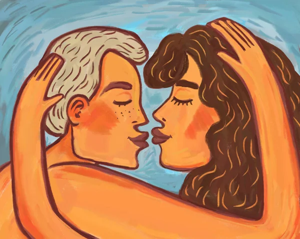 彩色手绘图解情侣在爱的拥抱和亲吻中 — 图库照片
