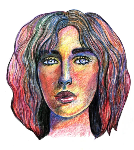 Hand Drawn Multicolor Portrait Woman Drawn Colored Pencils Paper — Stock Photo, Image