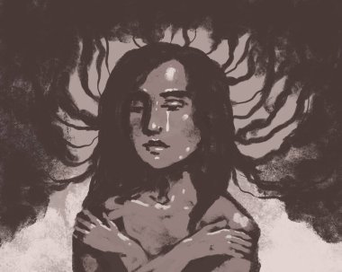 Woman in depression in a cloud of bad thoughts and psychological problems, embraces herself