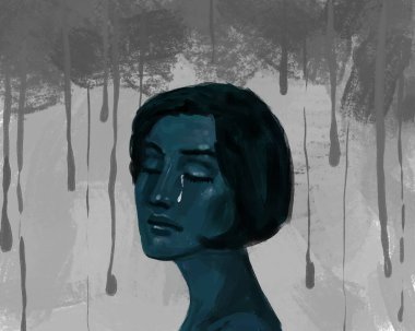 Depressed woman crying under drops symbolizing bad emotional state