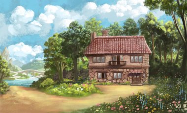 Beautiful painted landscape. Country scene, forest and mountains, lake and cottage in the forest, among the trees