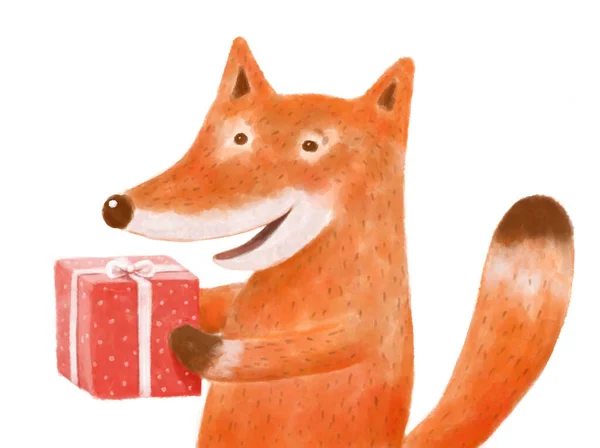 Niedlichen Handgezeichneten Cartoon Lustige Fuchs Hält Ein Geschenk Und Lächelt — Stockfoto