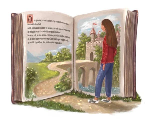 Magical World Books Girl Who Walks Fictional Literary World Big —  Fotos de Stock