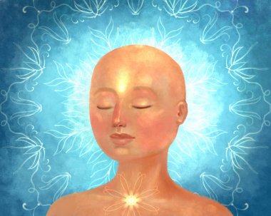Spiritual awakening symbol. Silhouette of a man with energy glowing dots, on a blue background