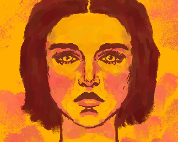 Gezeichnetes Stilvolles Einfaches Kunstporträt Einer Frau Die Geradeaus Gelben Orangen — Stockfoto