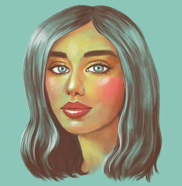 Cute Art Portrait Beautiful Girl Woman Turquoise Background Turquoise Eyes — 스톡 사진