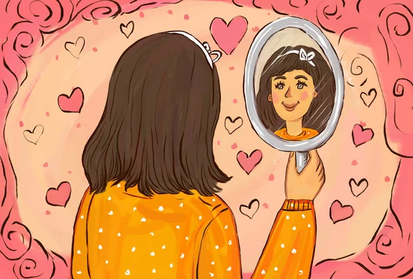 The drawn beautiful girl or woman with a mirror in her hands loves herself. Self-esteem and self-love