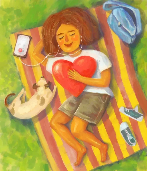 子犬と草の上に寝そべってヘッドフォンで音楽を聴いている幸せなかわいい女の子のイラスト 自己愛 心臓が痛い — ストック写真