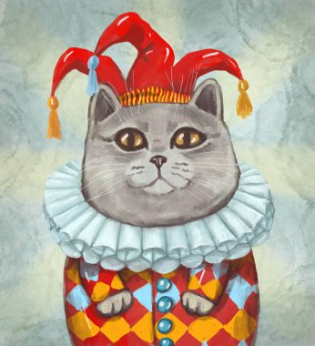 Kırmızı şapkalı komik sirk kedisi kameraya bakıyor.